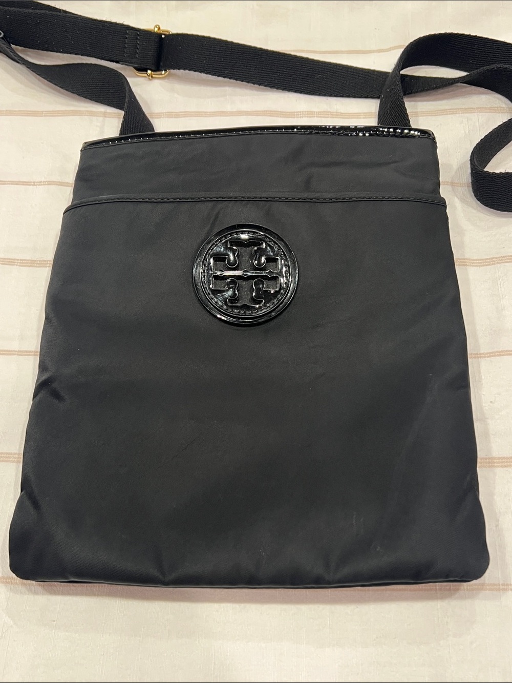 Tory Burch Black Nylon Messenger with Patent Logo Patch
